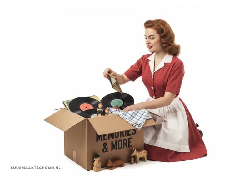 Vrouw met platen in doos en te veel spullen