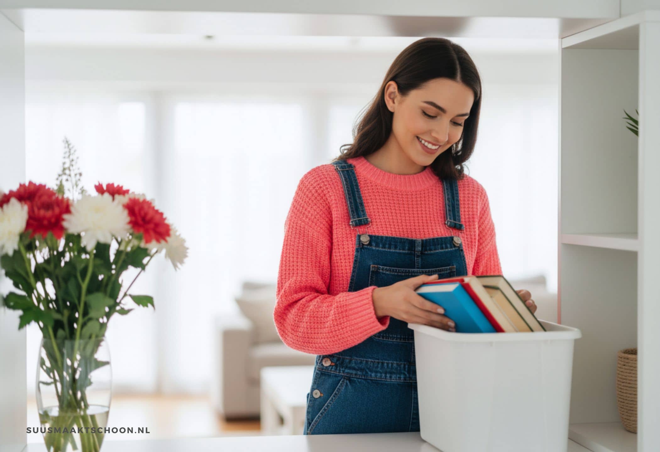 vrouw ruimt rommelig huis op