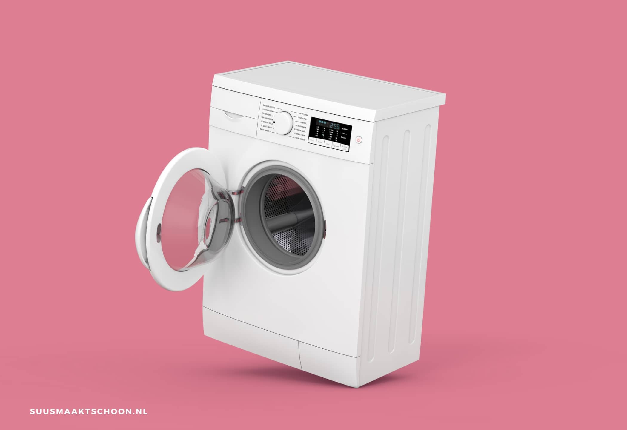Witte wasmachine met open deur: zuinig leven