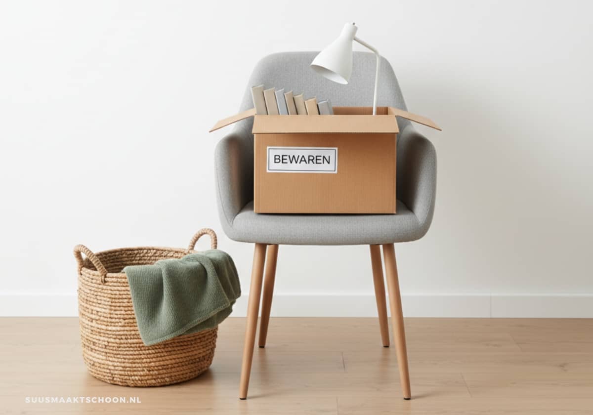 Doos op stoel met boeken.