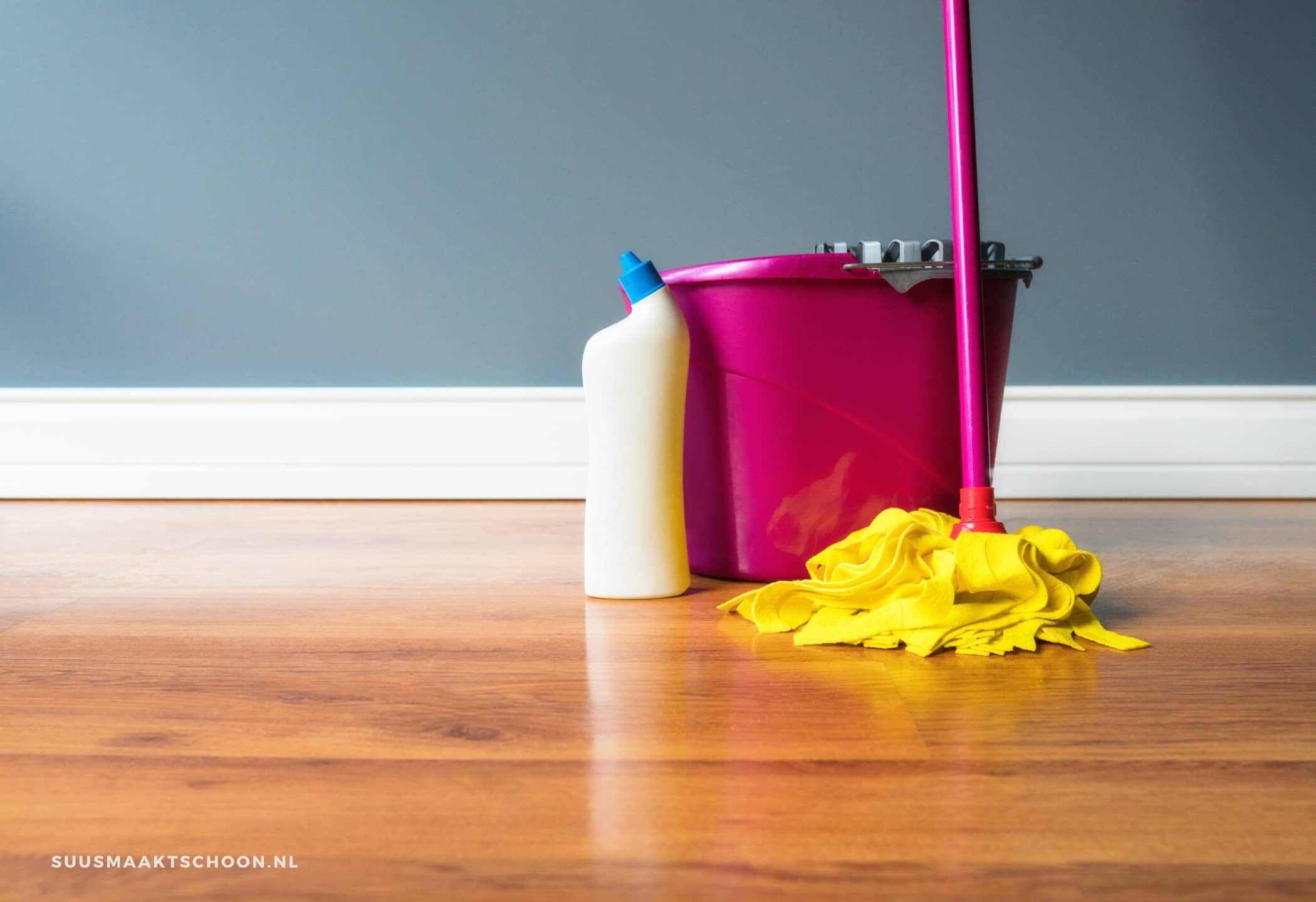 laminaatvloer schoonmaken: een dweil en een emmer op een houten vloer