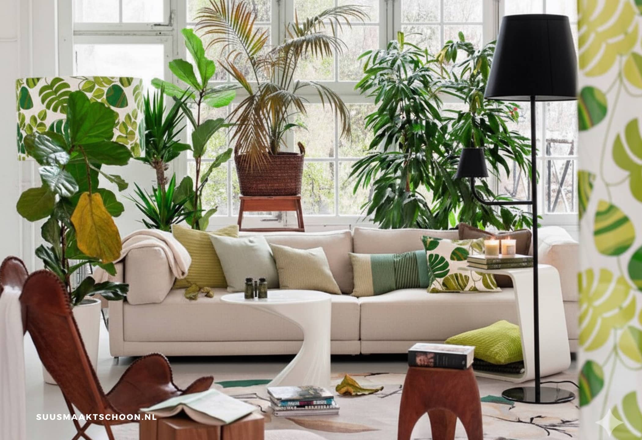 Rommelige woonkamer met veel planten.