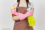 elke dag schoonmaken: een vrouw met een schort en handschoenen die een spuitfles en een doek vasthoudt