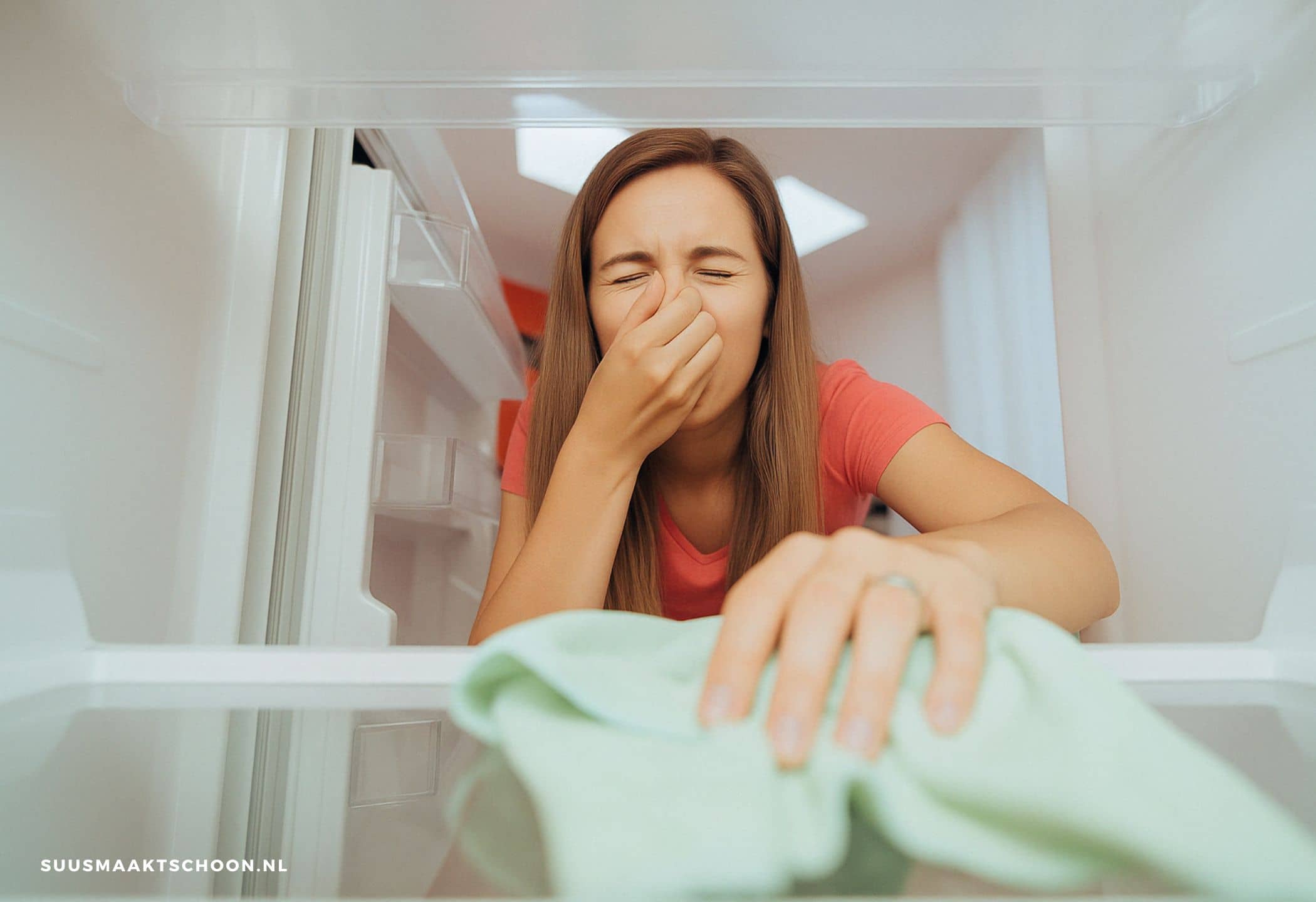 koelkast stink, vrouw knijpt neus dicht