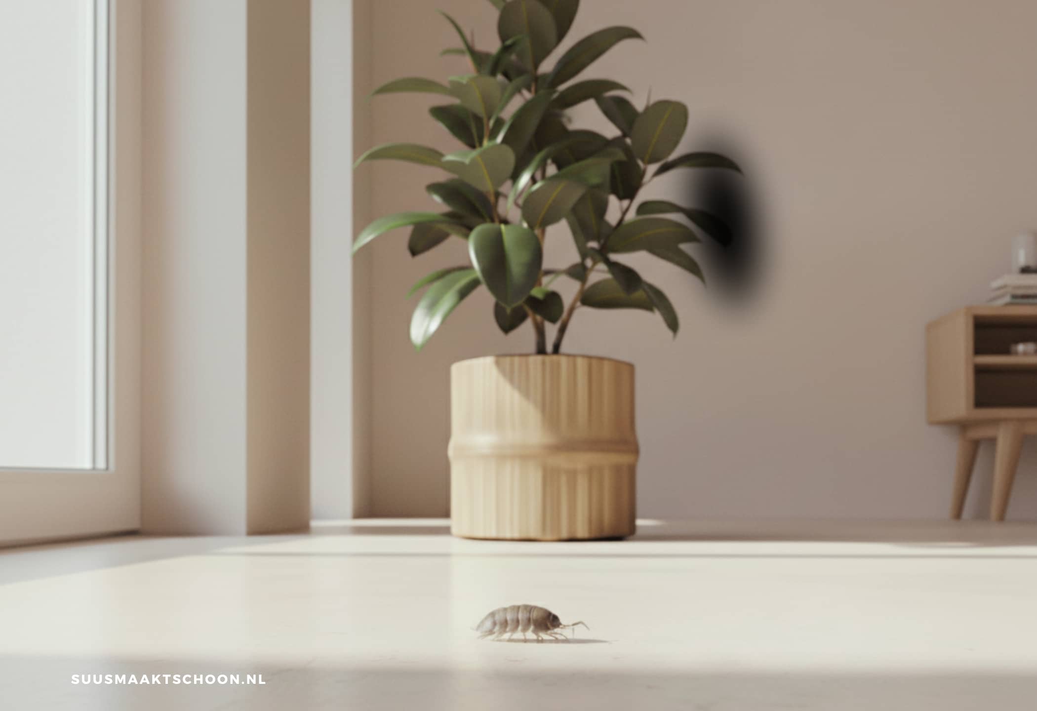 Pissebed op de vloer bij plant, pissebedden in huis