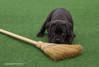 Kunstgras schoonmaken: kunstgras met bezem en puppy erop
