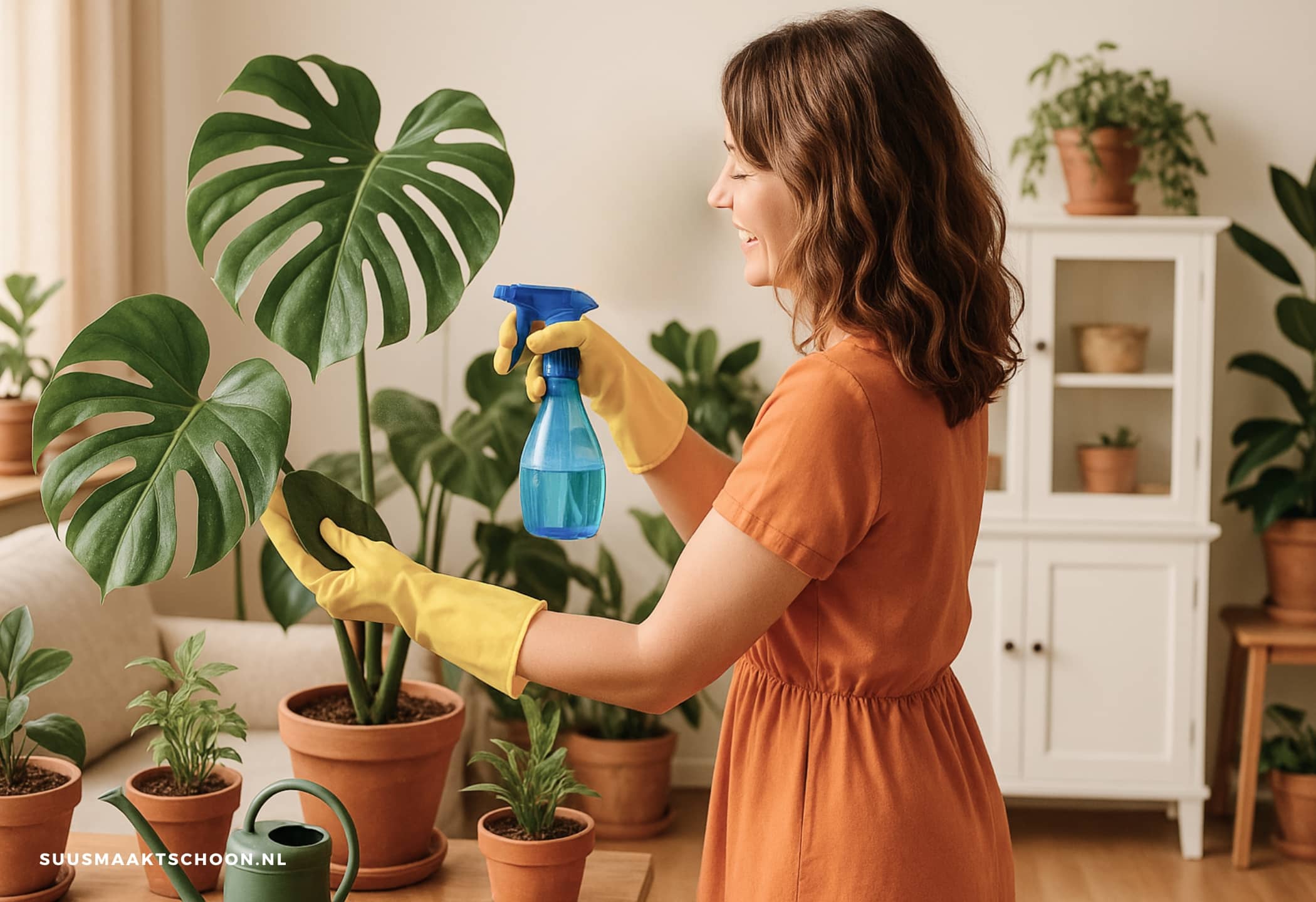 vrouw kamerplanten schoonmaken