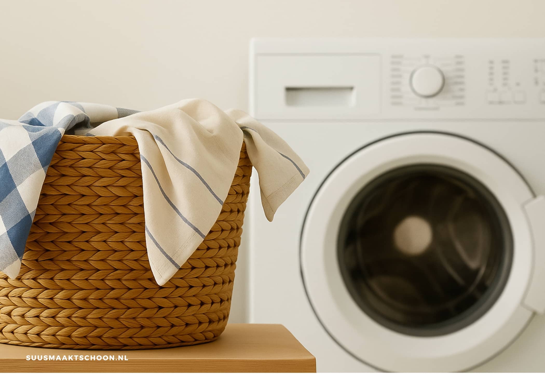 een wasmand met keukentextiel, keukentextiel wassen
