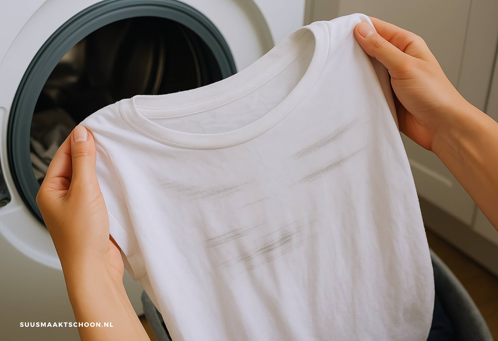 Persoon houdt voor de wasmachine wit shirt vast met strepen: zwarte strepen op wasgoed