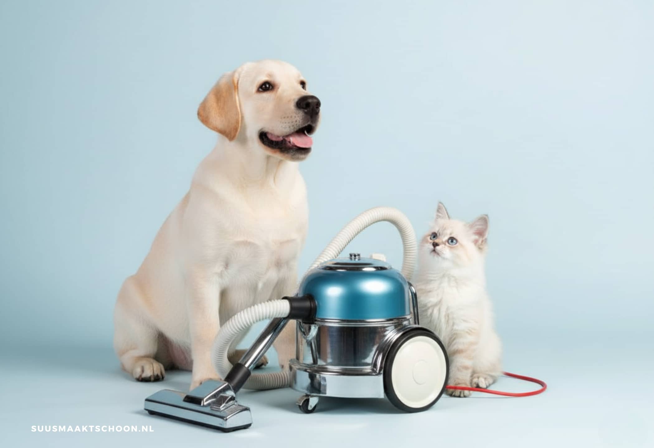Hond en kat met stofzuiger: huis schoonhouden met huisdieren