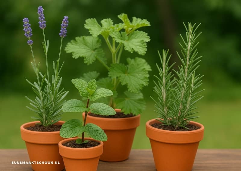 insecten weren met planten, tuintafel met insectenwerende planten