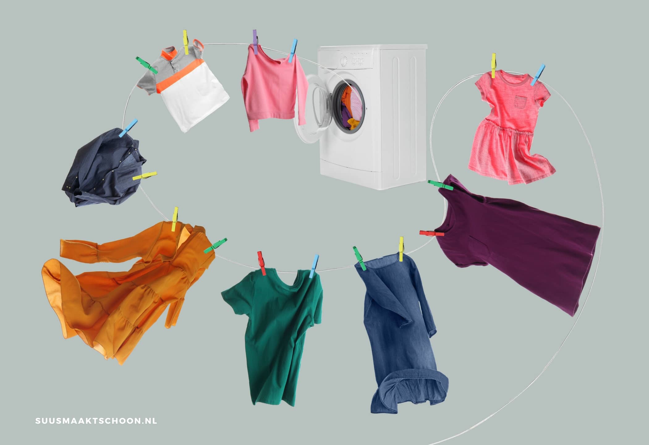 rondvliegende kledingstukken en een wasmachine: bonte was