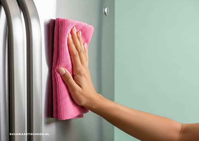 persoon maakt met roze schoonmaakdoekje koelkast schoon
