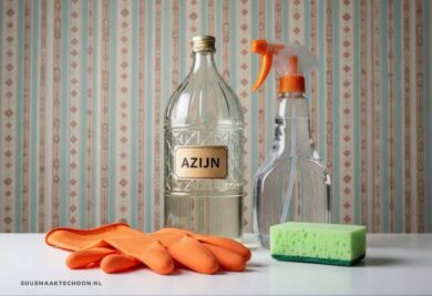 zelf schoonmaakmiddel maken: Azijn, spons en schoonmaakmiddelen.
