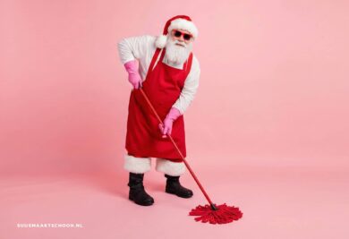 Schoonmaken voor de feestdagen: kerstman die dweilt, roze achtergrond