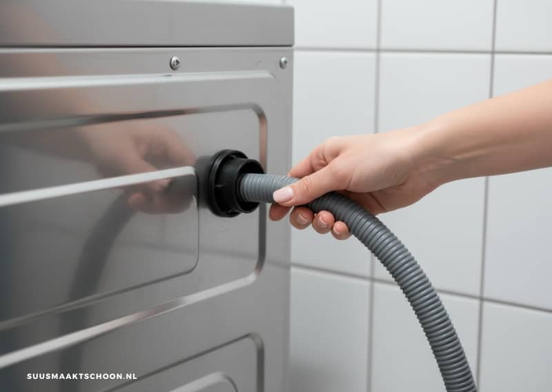 Hand houdt afvoerslang van wasmachine vast.
