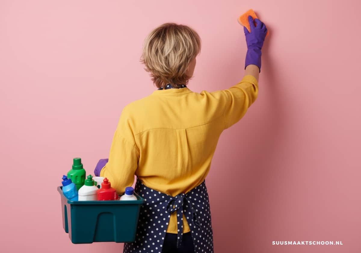Vrouw maakt vlekken op de muur schoon met spons en schoonmaakmiddel