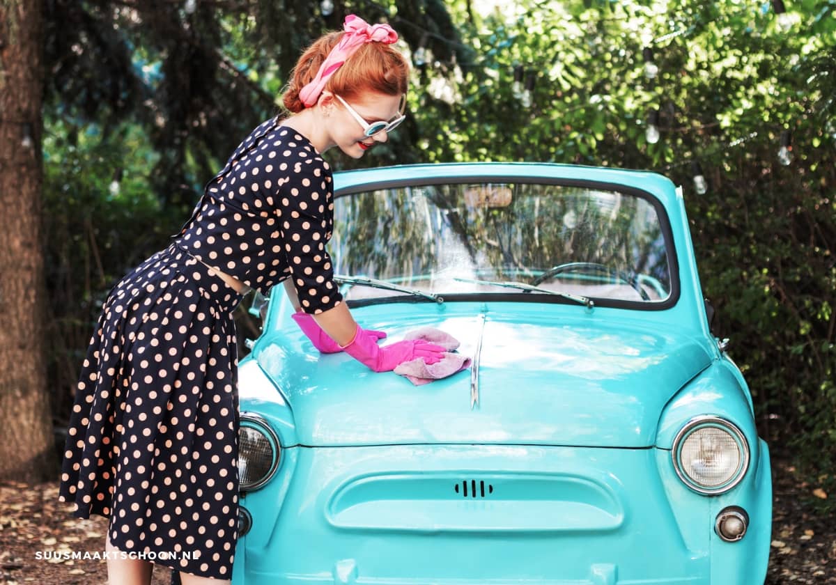 retro vrouw haalt insecten van auto