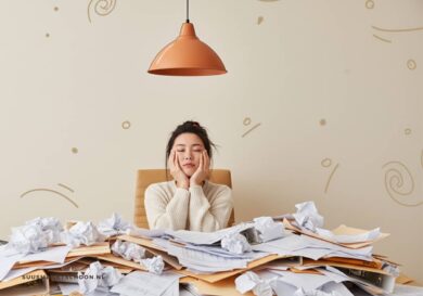 Vrouw zit achter haar bureau dat niet is opgeruimd en vol met papieren ligt