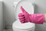 Vrouwelijke hand met roze handschoen, duim omhoog want ze gaat toilet schoonmaken