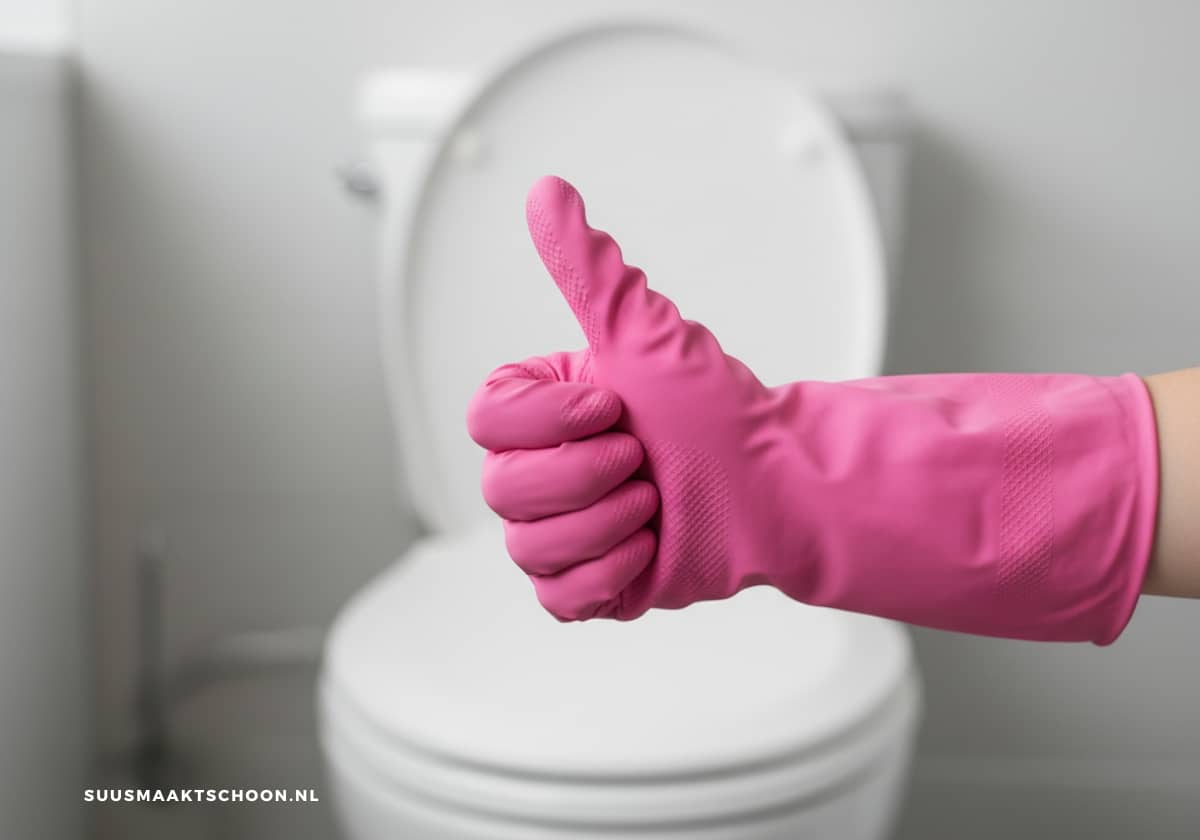 Vrouwelijke hand met roze handschoen, duim omhoog want ze gaat toilet schoonmaken